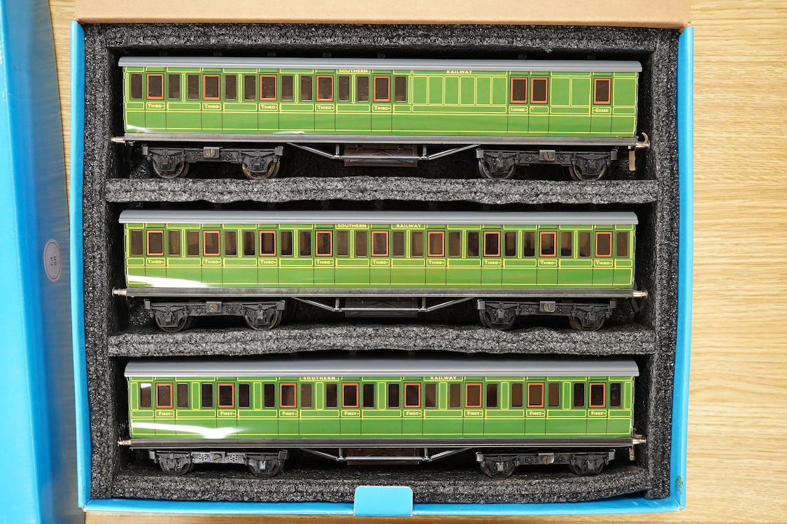 A boxed ACE Trains 0 gauge tinplate coach set; C/1 SR, comprising of three Southern Railway bogie coaches; a Full First, a Full Third and a Brake Third